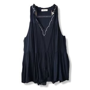 Women Black Sleeveless V Neck Embroidered Babydoll Top S Boho Whimsygoth Fairy